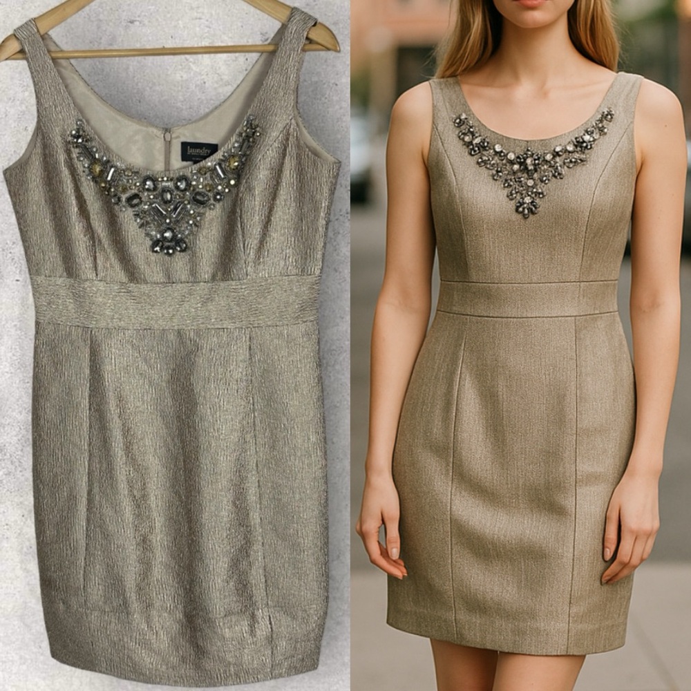Laundry Shelli Segal Gold Beaded Sheath Mini Dress Size 10 Party Sleeveless Y2K